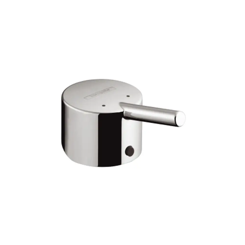 Chromfarbener Griff von Hansgrohe, runde Form mit seitlichem Ausleger und zwei Befestigungslöchern auf der oberen Fläche, geeignet für verschiedene Armaturen.